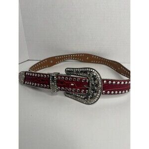 Western Leather Belt Rhinestone Crystal Studded Pink Leather Silver M